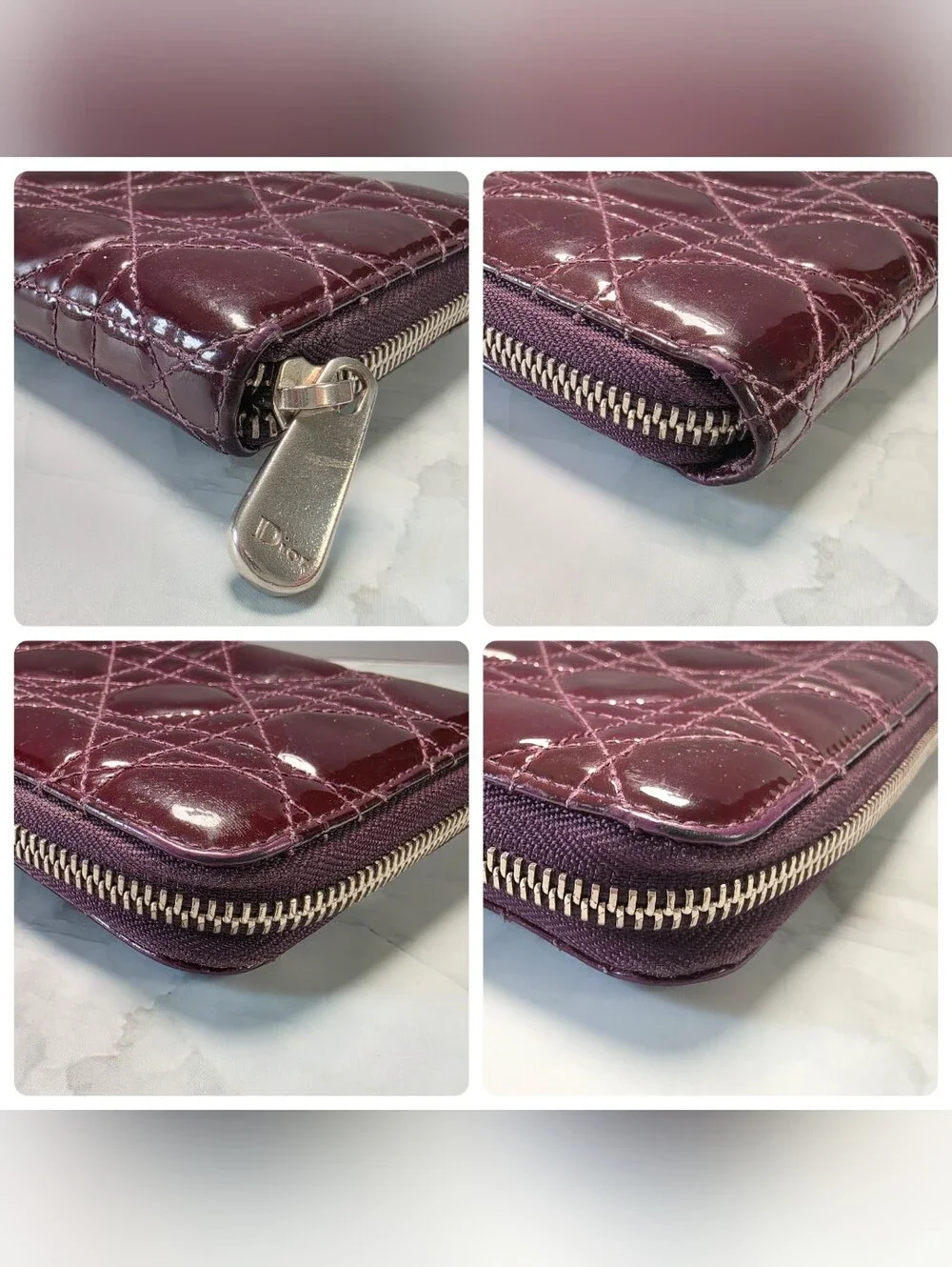 Christian Dior Cannage Patent Leather Zip Around Wallet Burgundy | COA